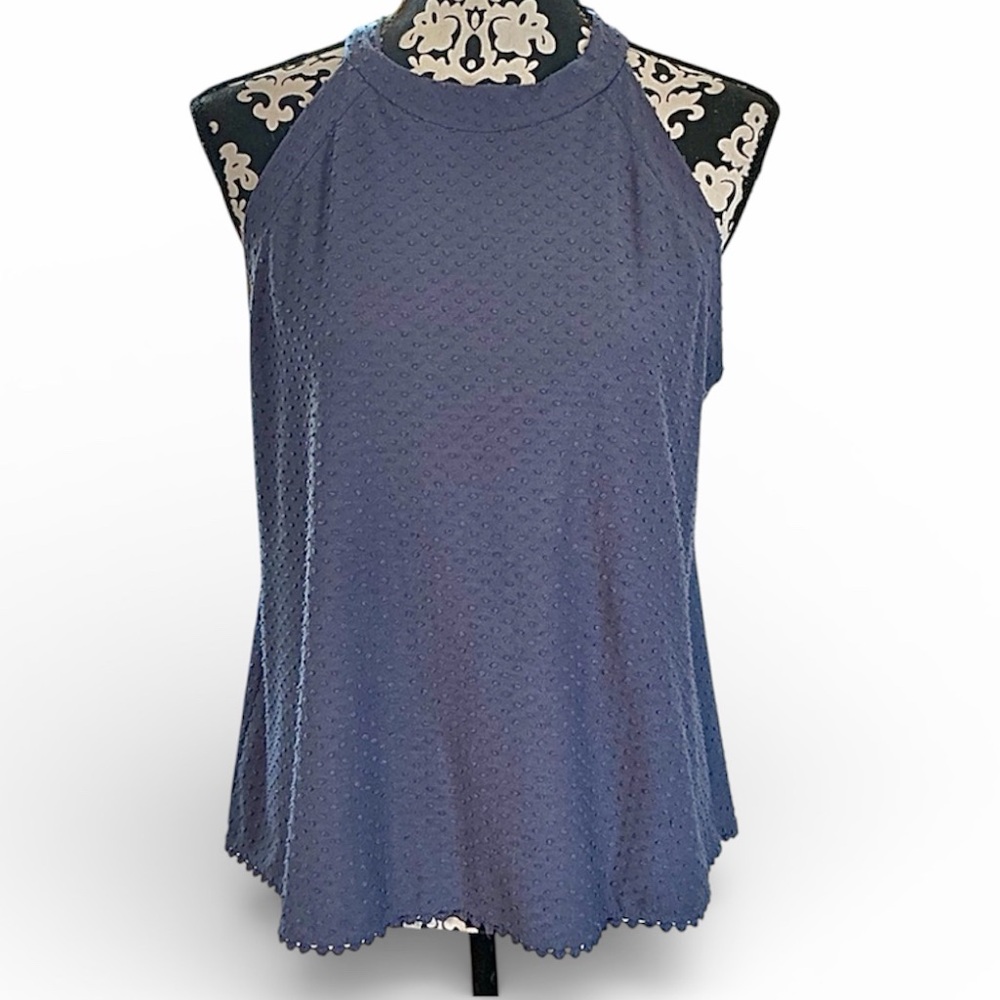 W5 Blue Textured Swiss Dot High Neck Halter Sleeveless Swing Top Size Large EUC